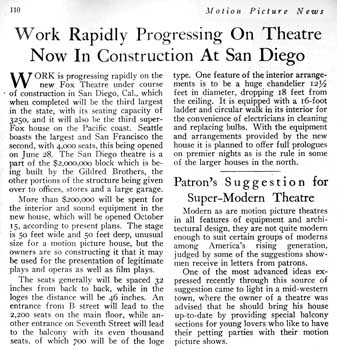 News of work progressing on the Fox Theatre as reported in the 6th July 1929 edition of <i>Motion Picture News</i>, held by the Media History Digital Library and scanned online by the Internet Archive (410KB PDF)