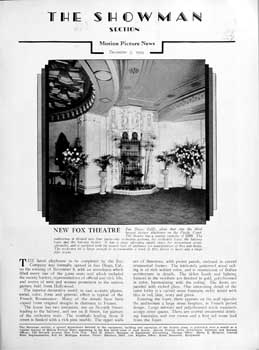 Two-page feature on the completed Fox Theatre from the 7th December 1929 edition of <i>Motion Picture News</i>, held by the Media History Digital Library and scanned online by the Internet Archive (1MB PDF)
