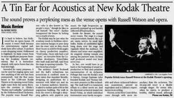 Review of the theatre’s opening night gala concert, as printed in the 12th November 2001 edition of the <i>Los Angeles Times</i> (950KB PDF)