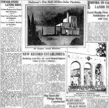 News of the upcoming corner-stone laying ceremony, as printed in the 1st May 1921 edition of the <i>Los Angeles Times</i> (1.5MB PDF)