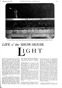 A review of several Los Angeles theatres, featuring the Egyptian, from <i>Exhibitors Herald</i> (19 February 1927), held by the Museum of Modern Art Library in New York and digitized by the Internet Archive (1.7MB PDF)