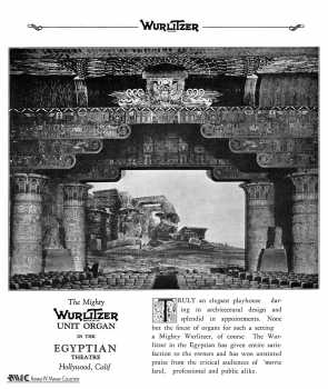 Wurlitzer advertisement featuring the Egyptian Theatre, likely from the early 1920s, courtesy of the <i>Ronald W. Mahan Collection</i> (JPG)
