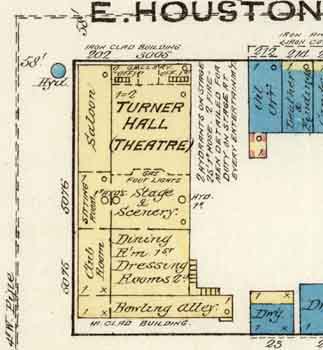 Sanborn Fire Insurance Map (July 1885) showing the theatre as <i>Turner Hall</i>, oriented 90° clockwise to the theatre’s current position with entry from East Houston St – courtesy Library of Congress (JPG)