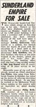 News of the theatre being put up for sale, as reported in the 7th May 1959 edition of <i>The Stage</i> (140KB PDF)