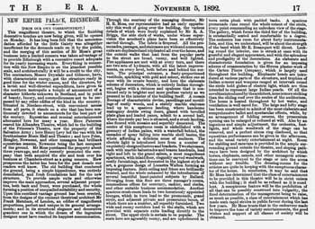 Overview of the new Empire Palace Theatre, two days prior to opening night, as printed in <i>The ERA</i> of 5th November 1892, held by the British Newspaper Archive (500KB PDF)