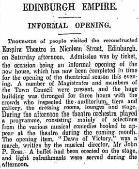 News of a sneak preview of the remodelled theatre, as printed in the 1st October 1928 edition of <i>The Scotsman</i> (350KB PDF)
