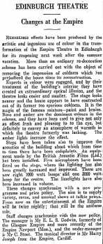 News of the auditorium’s colour scheme being altered, as printed in the 4th August 1933 edition of <i>The Scotsman</i> (600KB PDF)