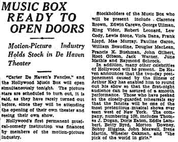 Report on the imminent opening of the theatre, following a two-day delay due to illness, as featured in the 20th October 1926 edition of the <i>Los Angeles Times</i> (560KB PDF)