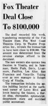 News of the theatre’s sale by Fox West Coast Theatres in 1959, as reported in the 5th June 1959 edition of <i>The Hanford Sentinel</i> (90KB PDF)