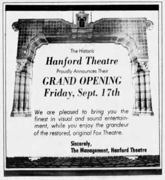 Reopening ad, as printed in the 11th September 1982 edition of <i>The Hanford Sentinel</i> (220KB PDF)
