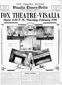 Full-page feature promoting the grand opening of the theatre in the 25 February 1930 edition of the <i>Visalia Times-Delta</i> (1.1MB PDF)