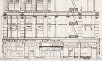 Original drawing of the building façade showing the intended name <i>Belasco Theatre</i> (JPG)