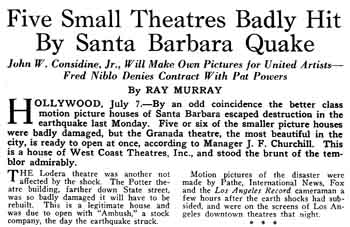 Initial report of damage following the Santa Barbara Earthquake of 29th June 1925, as reported in the 18th July 1925 edition of <i>Exhibitors Herald</i>, held by The Museum of Modern Art and digitized by the Internet Archive (255KB PDF)