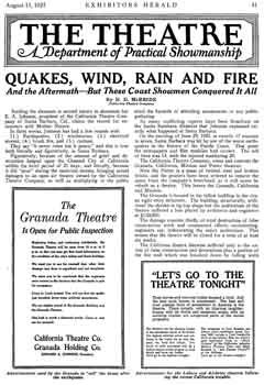 Two-page report of damage following the Santa Barbara Earthquake of 29th June 1925, as reported in the 15th August 1925 edition of <i>Exhibitors Herald</i>, held by The Museum of Modern Art and digitized by the Internet Archive (2MB PDF)