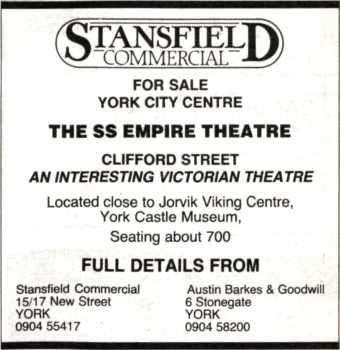 Theatre for sale notice, as printed in the 17th April 1986 edition of <i>The Stage</i> (110KB PDF)