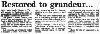 News of the theatre’s restoration, as printed in the 6th March 1989 edition of the <i>Yorkshire Post</i> (300KB PDF)