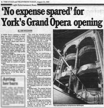 News of the theatre’s reopening, as printed in the 10th August 1989 edition of <i>The Stage</i> (550KB PDF)