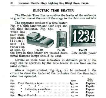 Kliegl Bros Catalog from 1913, featuring the Electronic Time Beater still in place at the Greek Theatre on the Stage Right side (300KB PDF)