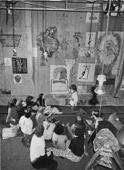 The “Godspell” cast install their mark on the house curtain in the early 1970s, courtesy <i>Cleveland Historical</i> (JPG)