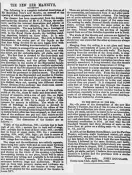 Architect’s description of the new theatre building, as printed in the 1st May 1897 edition of <i>The Era</i>, digitized by the British Newspaper Archive (600KB PDF)