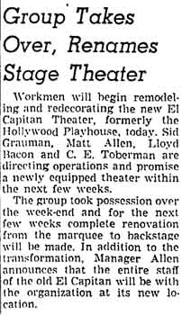 Progress update on renovation works at the theatre, purchased by Charles E. Toberman roughly three months prior, as printed in the 4th May 1942 edition of the <i>Los Angeles Times</i> (215KB PDF)