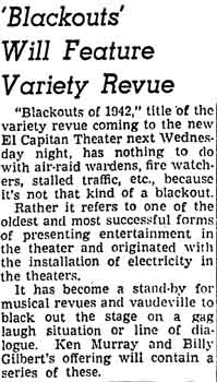 A description of the new variety show which Ken Murray will bring to the theatre, as printed in the 17th June 1942 edition of the <i>Los Angeles Times</i> (225KB PDF)