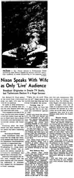 Coverage of Nixon’s “Checkers” speech as printed in the 4th September 1952 edition of the <i>Los Angeles Times</i> (1.7MB PDF)
