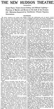 Preview of the theatre, one day ahead of its opening, as printed in the 18th October 1903 edition of the <i>New York Times</i> (180KB PDF)