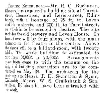 Announcement of the theatre as printed in the 1st April 1905 edition of <i>The Builder</i>, courtesy Getty Research Institute (180KB PDF)