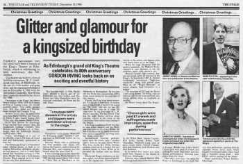 News of the theatre’s 80th anniversary, as printed in the 18th December 1986 edition of <i>The Stage</i> (370KB PDF)