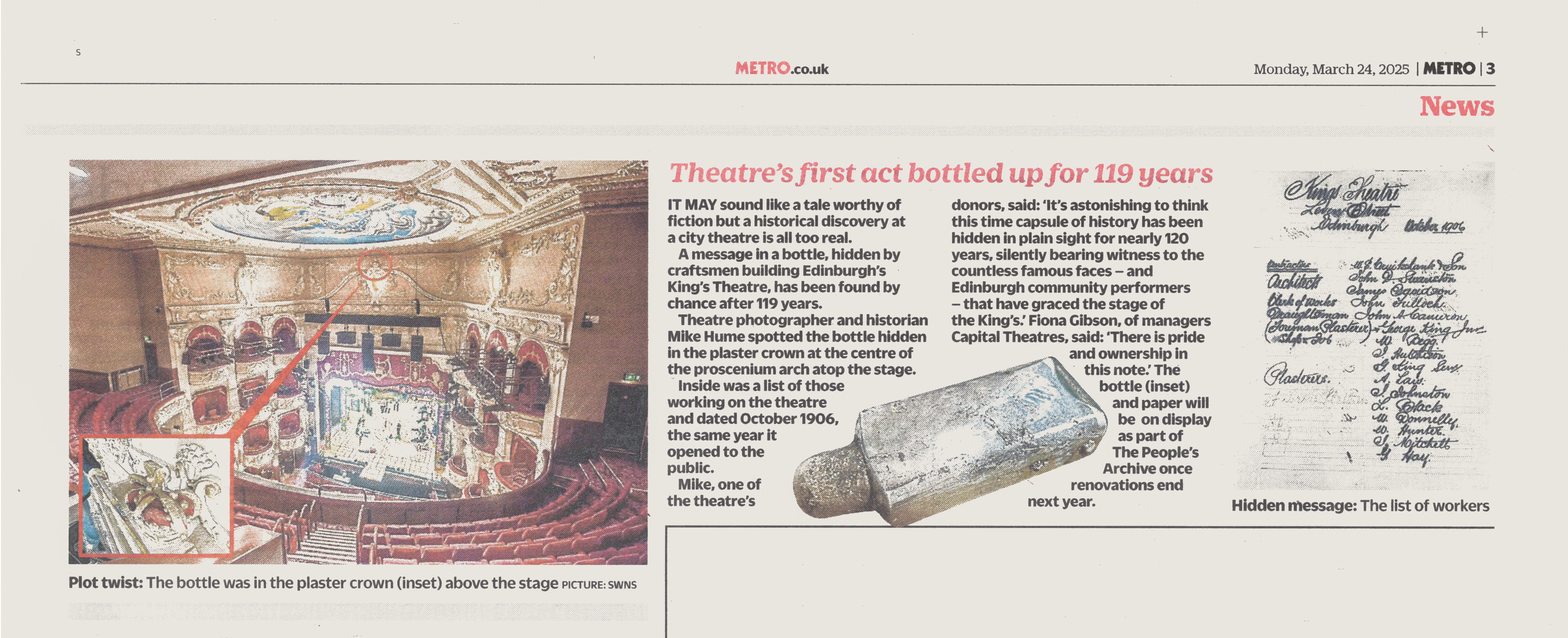 King’s Theatre’s Message in a Bottle from the 24th March 2025 edition of Metro