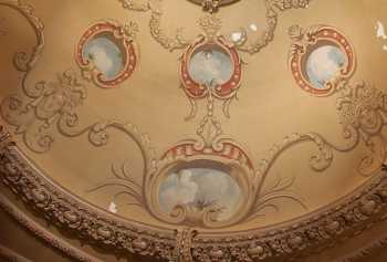 Closeup of the trompe l’oeil ceiling dome painting (dating from 1985) prior to a new design being applied in 2013, photo by Thom Dibdin (JPG)