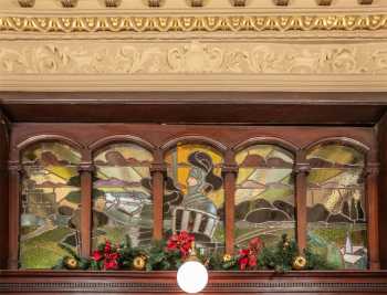 King’s Theatre, Edinburgh, United Kingdom: outside London: Arthurian stained glass panel above Grand Circle Bar