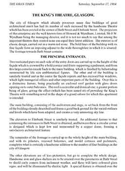 Detailed description of the theatre’s interior and exterior, as published in the 17th September 1904 edition of <i>The Oban Times</i> (110KB PDF)