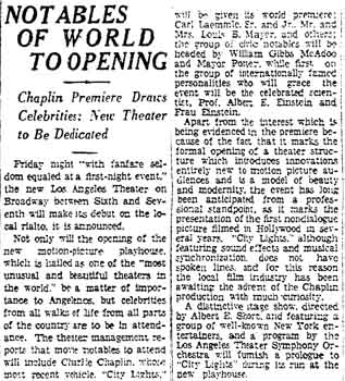 News of the theatre’s opening festivities as printed in the 25th January 1931 edition of the <i>Los Angeles Times</i> (250KB PDF)