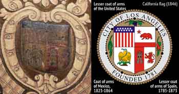 Seal of the City of Los Angeles located within the shield device above the center of the proscenium arch, with the 1931 city seal shown in diagram form to the right (JPG)