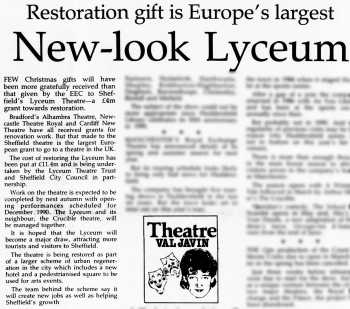 News of a £4 million grant from the EEC towards refurbishment of the theatre, as printed in the 29th December 1989 edition of the <i>Huddersfield Daily Examiner</i> (420KB PDF)