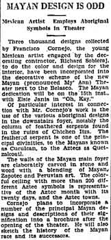 Preview of the theatre titled “Mayan Design Is Odd”, as featured in the 3rd August 1927 edition of the <i>Los Angeles Times</i> (310KB PDF)
