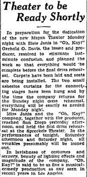 News of the theatre readying for opening, as published in the 12th August 1927 edition of the <i>Los Angeles Times</i> (280KB PDF)