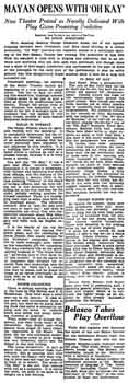 Review of the theatre and the first night of its inaugural production “Oh, Kay!”, as featured in the 17th August 1927 edition of the <i>Los Angeles Times</i> (156KB PDF)