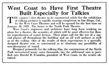 Report of the North Park Theatre as being the first theatre in the United States to be built specifically for talkies, as printed in the 8th December 1928 edition of <i>Motion Picture News</i> (165KB PDF)