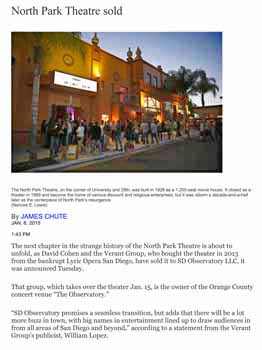 News of the theatre being sold to SD Observatory LLC, as published in the 6th January 2016 edition of the <i>San Diego Union-Tribune</i> (340KB PDF)