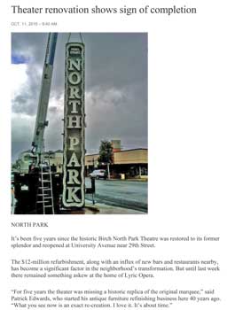 Installation of a copy of the theatre’s original vertical sign, as published in the 11th October 2019 edition of the <i>San Diego Union-Tribune</i> (1.4MB PDF)