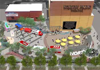 Rendering of the <i>North Park Mini Park</i>, which will replace the parking lot to the rear of the theatre by the end of 2020 – courtesy City of San Diego (JPG)