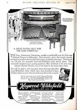 Heywood-Wakefield ad featuring the Oriental Theatre, as printed in the 6th August 1927 edition of the <i>Exhibitors Herald</i> (3MB PDF)