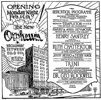 Advertisement of the opening night playbill, as appeared in the 14 February 1926 edition of <i>The Los Angeles Times</i> (500KB PDF)