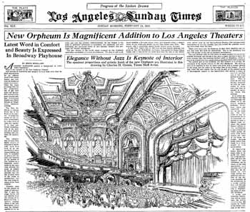 Half-page pictorial spread on the eve of the theatre’s opening, as featured in the 14 February 1926 edition of <i>The Los Angeles Times</i> (700KB PDF)