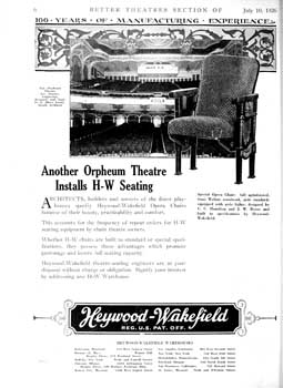 Advertisement for theatre seating, featuring the Orpheum Theatre, from <i>Exhibitors Herald</i> (10 July 1926), held by the Museum of Modern Art Library in New York and scanned online by the Internet Archive (650KB PDF)