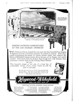 Advertisement for theatre seating, featuring the Orpheum Theatre, from <i>Exhibitors Herald</i> (1 October 1927), held by the Museum of Modern Art Library in New York and scanned online by the Internet Archive (730KB PDF)