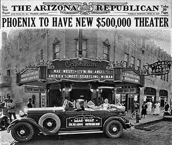 Announcement of the new theatre; a combination of the newspaper headline from 1927 and an exterior photo from 1933